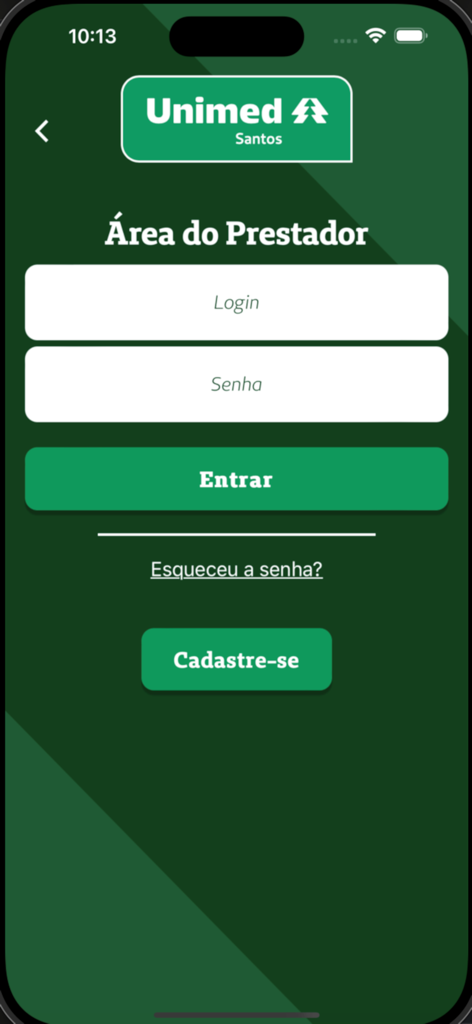Unimed Santos - Pantalla de inicio de sesión para el área de proveedores de Unimed Santos con campos para inicio de sesión y contraseña