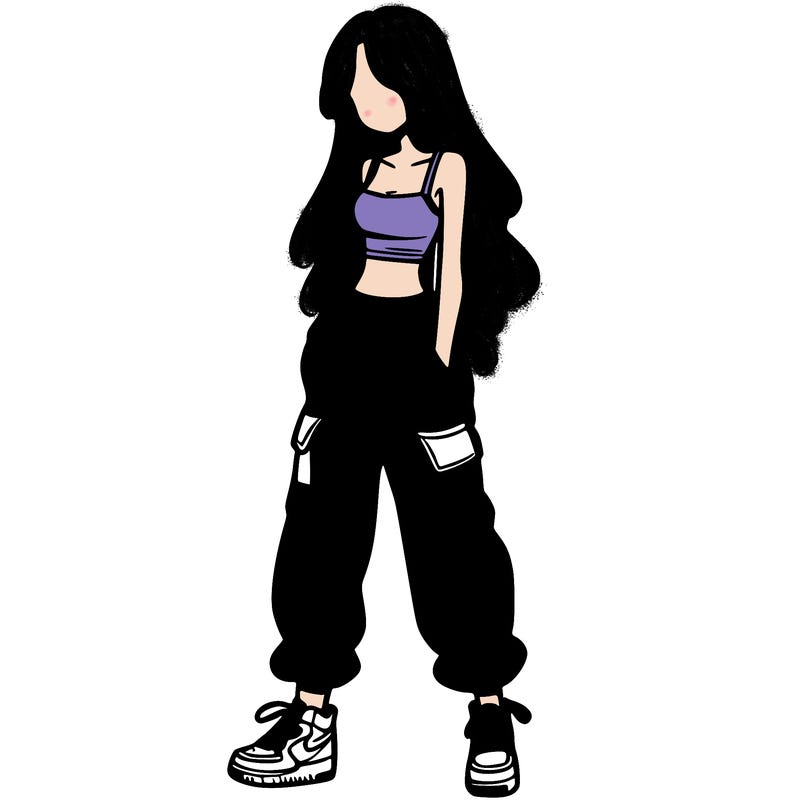 girl in baggy pants crop top and long hair