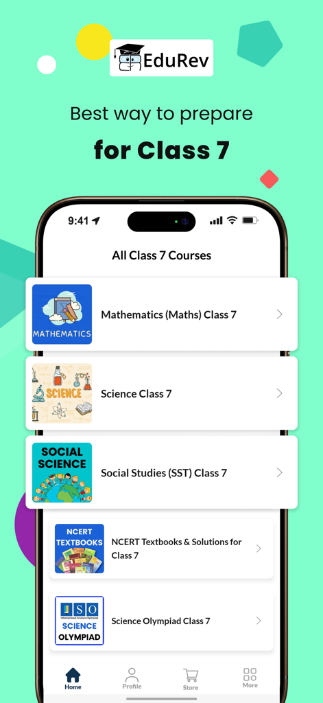 Class 7 CBSE NCERT & Maths App - Dashboard of Class 7 educational app showing Mathematics Science and NCERT course options