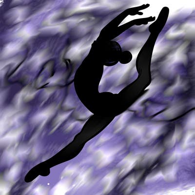 gymnast doing a leap in a leotard with a bent back leg