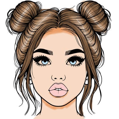 realistic girl with two buns on her hair and lips