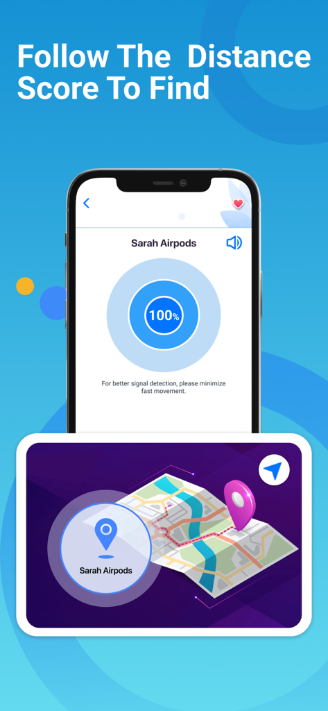 Find Air: My Device Tracker - Find Airアプリの画面。紛失したヘッドフォンの信号強度レーダーとマップ上の場所が表示されています。