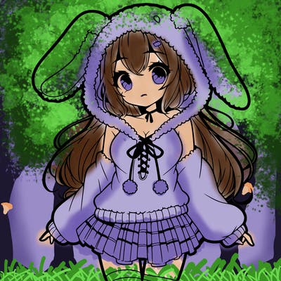 pretty anime girl wearing a fluffy hoodie with bunny ears on the hood and a skirt