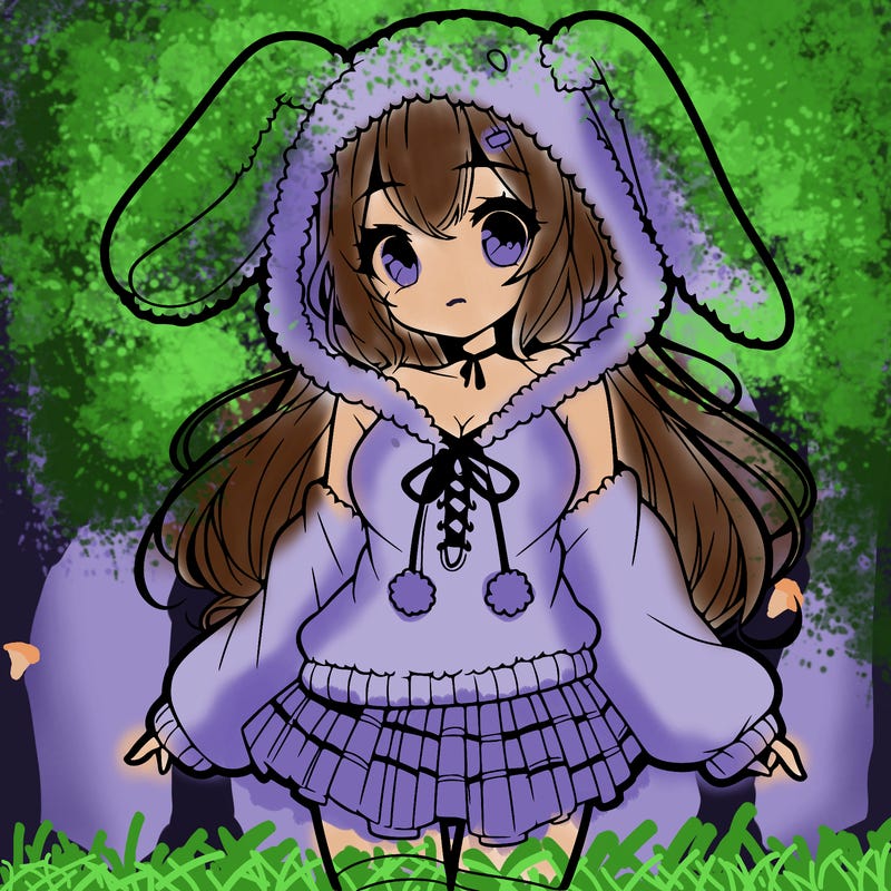 pretty anime girl wearing a fluffy hoodie with bunny ears on the hood and a skirt