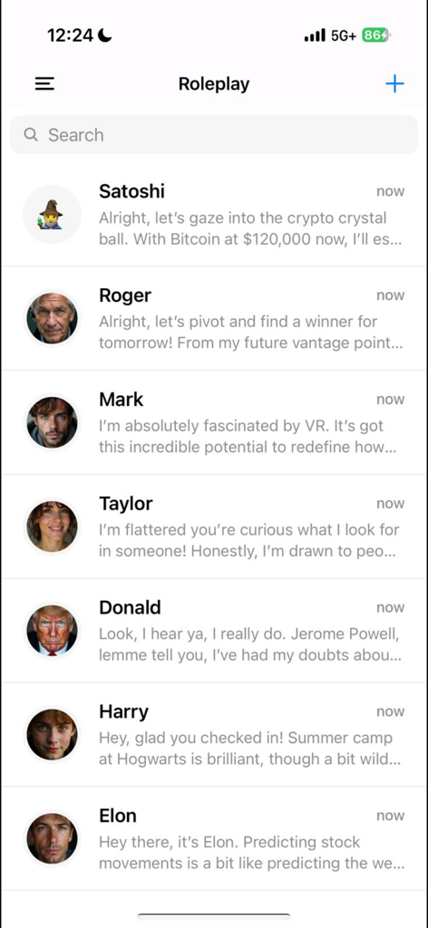 FreedomGPT - Captura de pantalla de la aplicación FreedomGPT que muestra una lista de personajes de IA para juegos de rol en una interfaz de estilo de mensajería