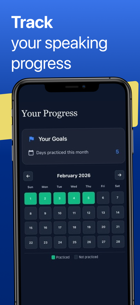 Radiant: Speaking Challenges - Radiant app progress tracker showing a practice calendar for February 2026