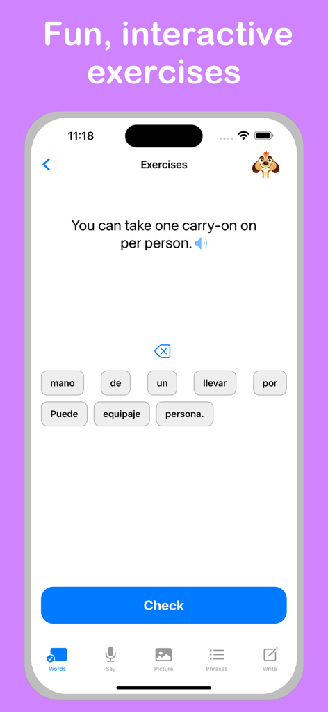 Learn Spanish + © - Interface of Learn Spanish app showing a word jumble exercise for translating a travel phrase.