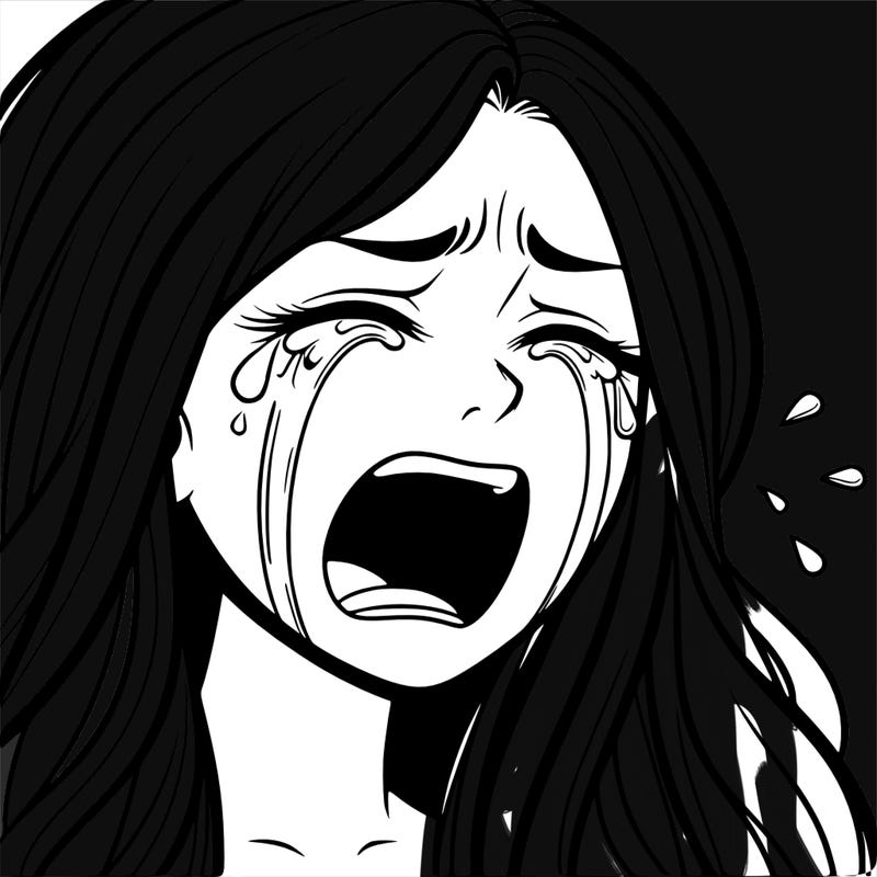 a woman with long hair and crying heavy tears screaming