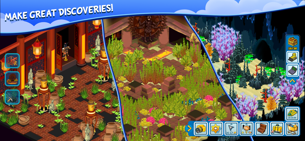 Treasure Diving - Captura de pantalla que muestra tres entornos submarinos diferentes en Treasure Diving, incluidas ruinas antiguas y arrecifes de coral