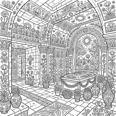 Explore a fascinating blend of history and nature with this intricate coloring page featuring ancient burial chambers reimagined with vibrant spring motifs. Immerse yourself in a unique artistic journey, perfect for adult colorists seeking a creative escape.