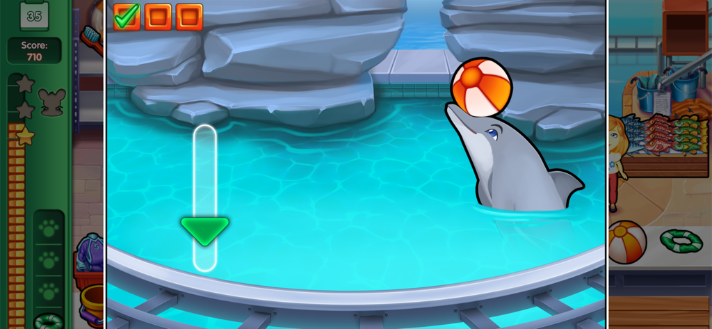 Un delfín haciendo equilibrio con una pelota de playa en su nariz en una piscina durante un minijuego en Dr Cares Family Practice