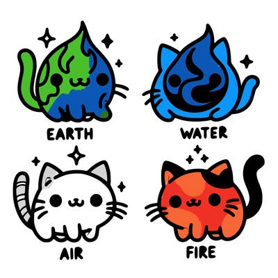 4 cats that represent the different elements, earth, water, air, and fire