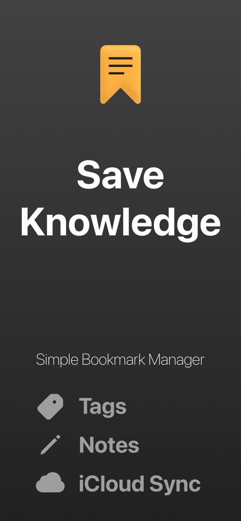 Tela de abertura do aplicativo Bookmark com o texto Salve Conhecimento e recursos incluindo tags, notas e sincronização com iCloud