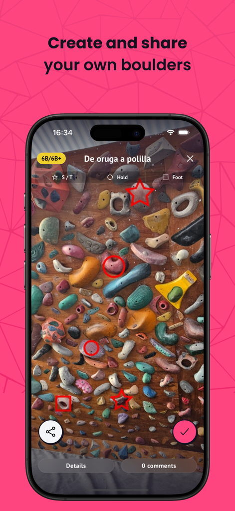 Boulder Creator - Mobile interface of the Boulder Creator app showing a climbing wall with red markers identifying specific holds for a new boulder problem.