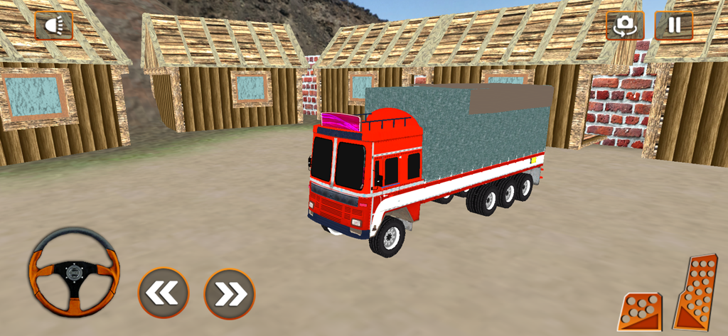 Red and white Indian lorry truck in an offroad simulation game environment with steering and pedal controls