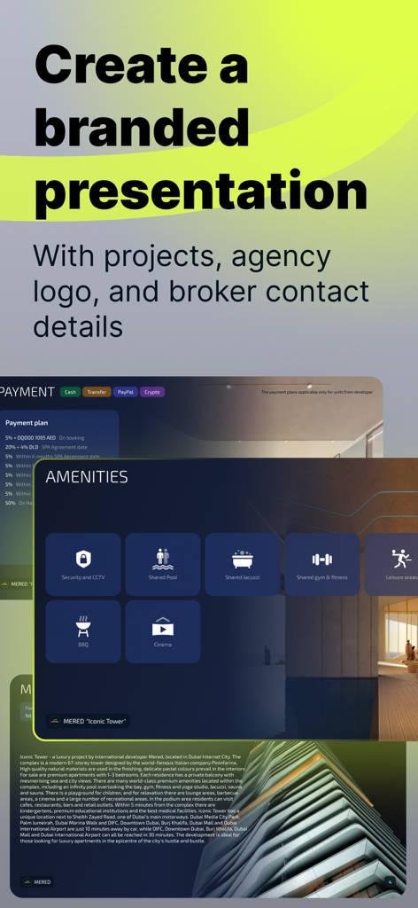 GenieMap - quick estate search - A mobile interface for GenieMap showing a branded property presentation including project amenities and contact details