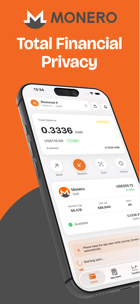 Monero Wallet - XMR & Crypto - Interfaccia mobile sicura del portafoglio Monero che mostra il saldo XMR e le funzionalità di privacy finanziaria