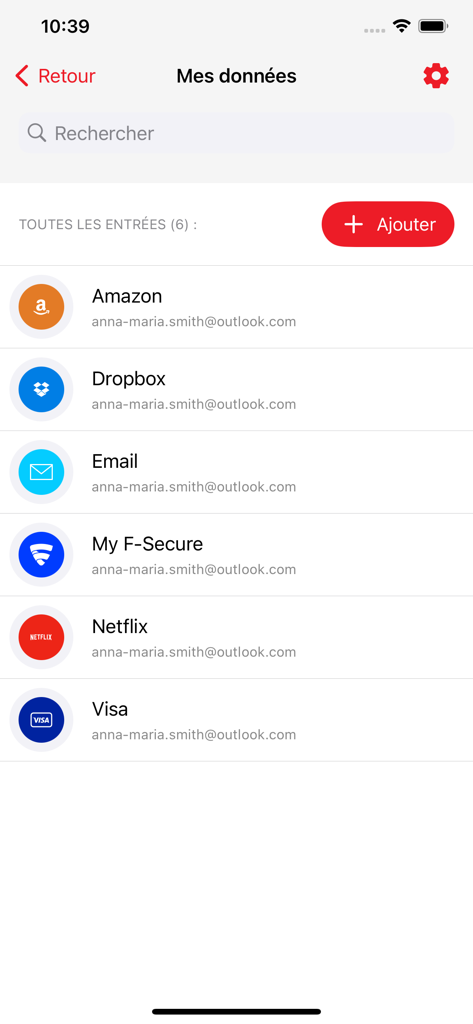 Interfaz de la aplicación Darty Securite que muestra una lista de cuentas en línea monitoreadas, incluidas Amazon y Netflix