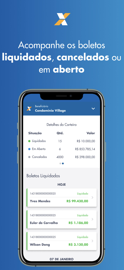 Interface do aplicativo ECobrança CAIXA mostrando o status dos boletos com listas de transações liquidadas e abertas.