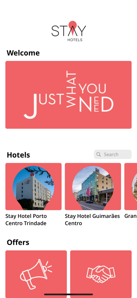 STAY HOTELS - Pantalla de inicio de la aplicación STAY HOTELS que muestra opciones de hoteles en Oporto y Guimarães con ofertas exclusivas