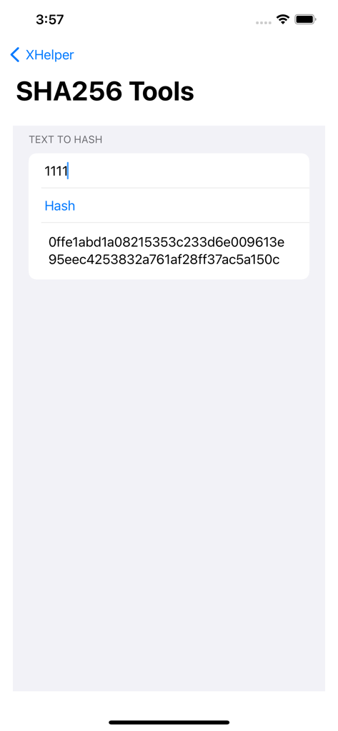 XHelper app screen showing the SHA256 tool interface with an input text and its generated hash value