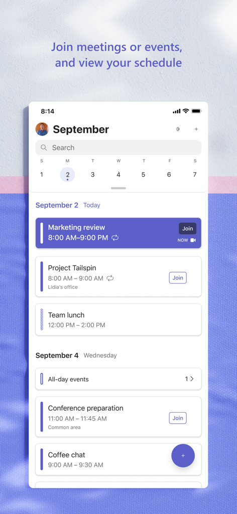 예약된 회의 및 이벤트 참여 옵션이 포함된 일일 일정을 보여주는 Microsoft Teams 모바일 앱의 스크린샷.