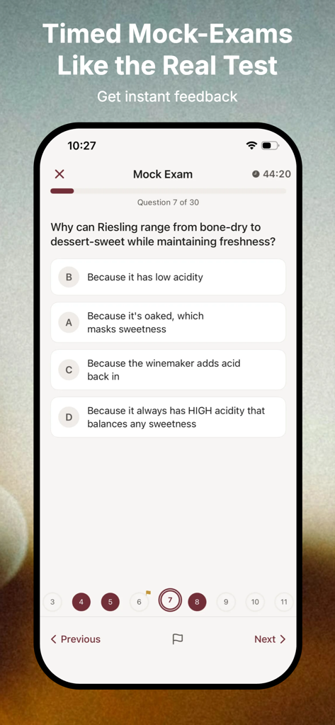 A screenshot of the VinoPrep app showing a timed mock exam question about Riesling wine characteristics.