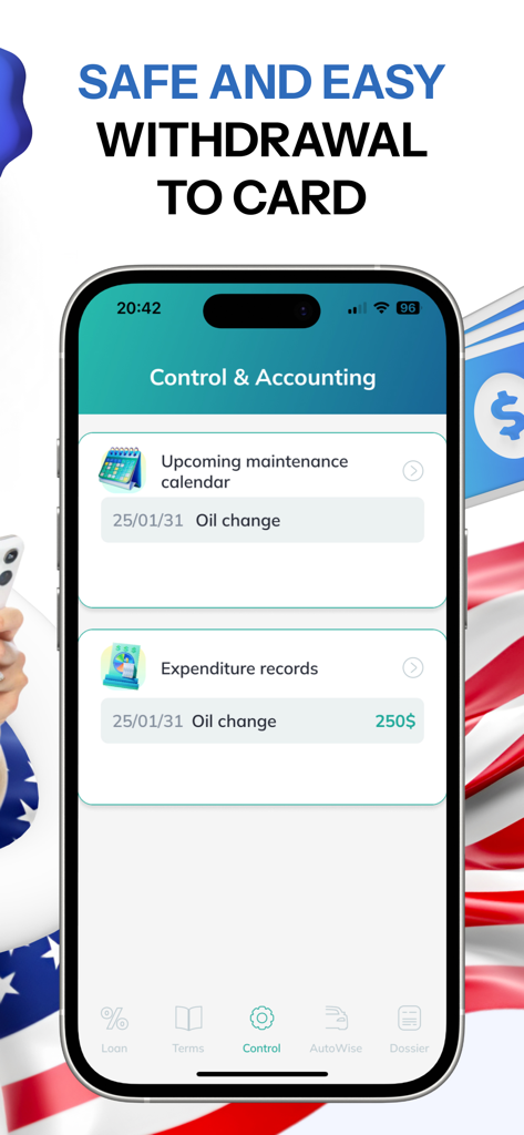 Instant Loan Hub アプリのダッシュボード。車のメンテナンスカレンダーと支出記録が表示されます。