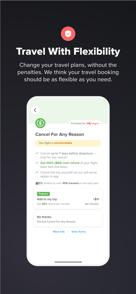 Hopper app interface showing the Cancel For Any Reason travel flexibility feature with cash refund options.