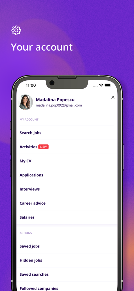eJobs.ro - User account menu in the eJobs mobile app showing profile details and job search features
