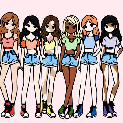 a group of girls wearing crop tops and shorts
