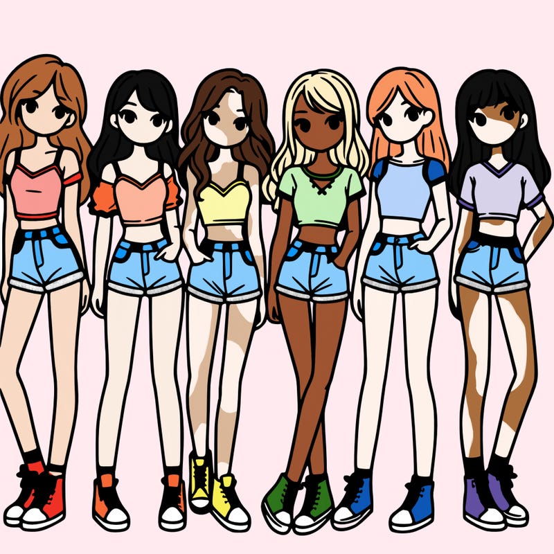 a group of girls wearing crop tops and shorts