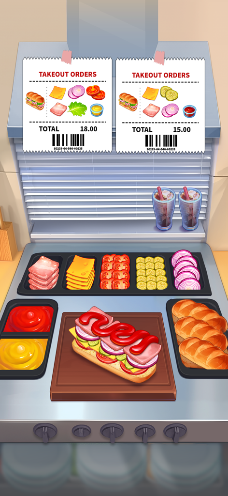 Juego de Royal Cooking mostrando la preparación de sándwiches con varios ingredientes frescos y tickets de pedido para llevar.