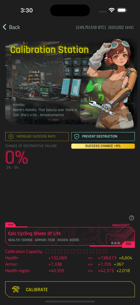 CyberCode Online: Text RPG - CyberCode Online calibration station interface featuring the character Kamiko and item stat upgrades