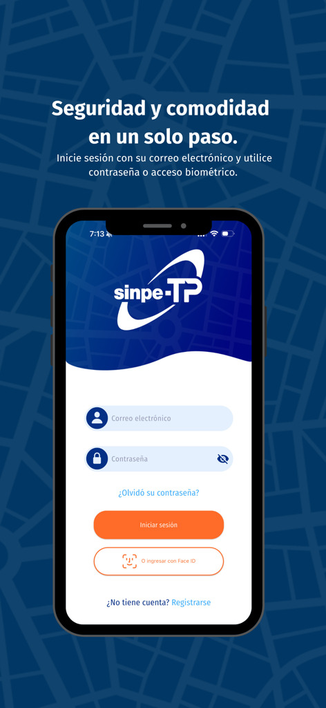 SINPE-TP: Pasajero - Login screen for the SINPE-TP Pasajero app featuring biometric and email sign in options for Costa Rican transit