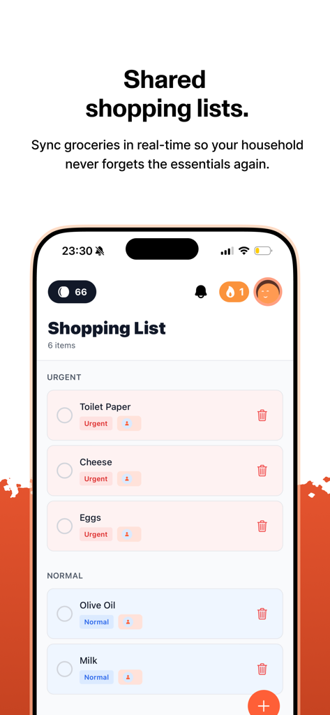 A shared shopping list screen in the Howe app showing grocery items categorized by urgency for household members