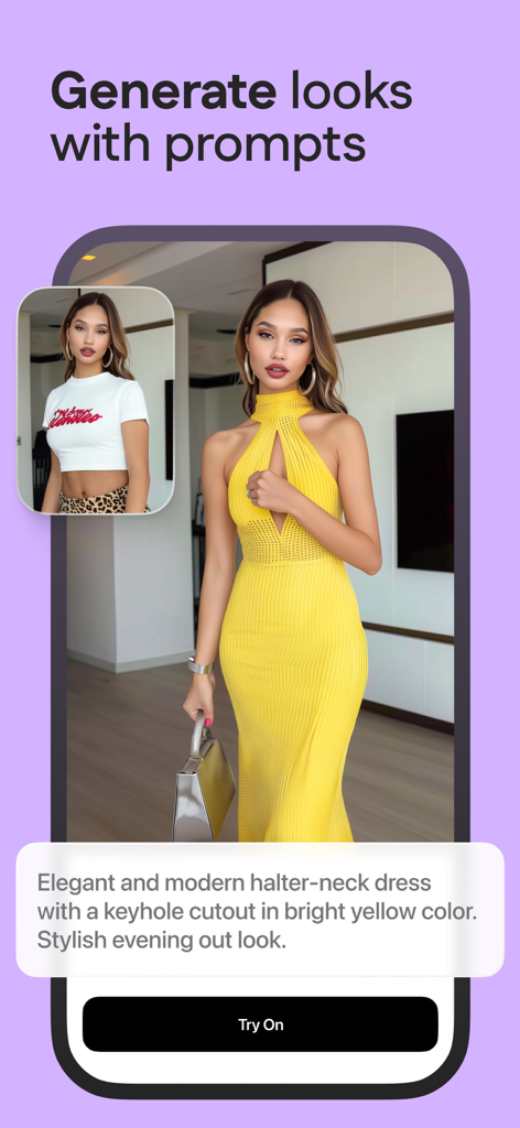 My Color Analysis・AI StyleLab - A mobile app interface showing a yellow halter neck dress generated from a text prompt using AI