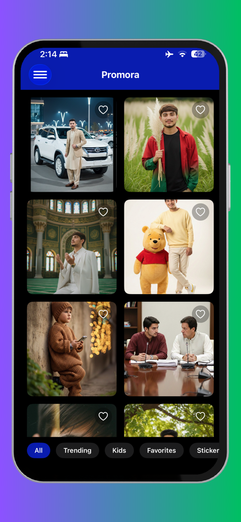 Promora - AI Prompt Generator - Screenshot of Promora app showing a grid of AI generated image examples with category filters like Trending and Kids