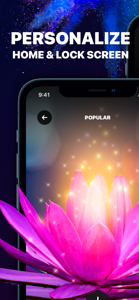 Live Wallpaper & Wallpapers HD - A vibrant pink lotus live wallpaper on an iPhone screen with sparkling effects and the text Personalize Home and Lock Screen.