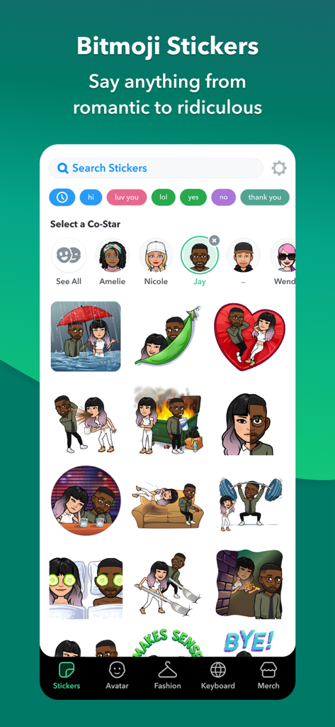 Uma interface móvel do aplicativo Bitmoji mostrando vários adesivos personalizados com um recurso de seleção de co-estrela