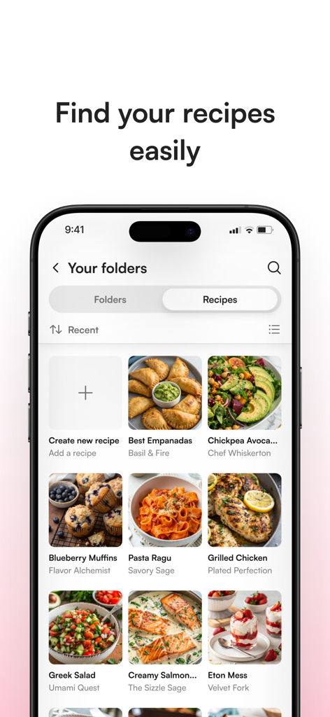 A mobile app screen showing a grid of saved recipes with photos and titles like Best Empanadas and Pasta Ragu in the Osta recipe organizer