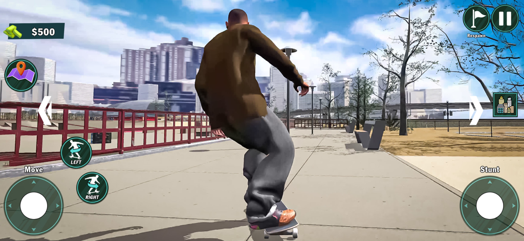 A character skateboarding through a city park in a 3D simulation game