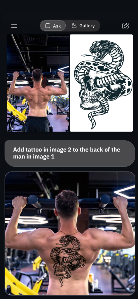 Gimin AI Photo Editor demonstration showing a snake tattoo being added to a man back using an AI prompt