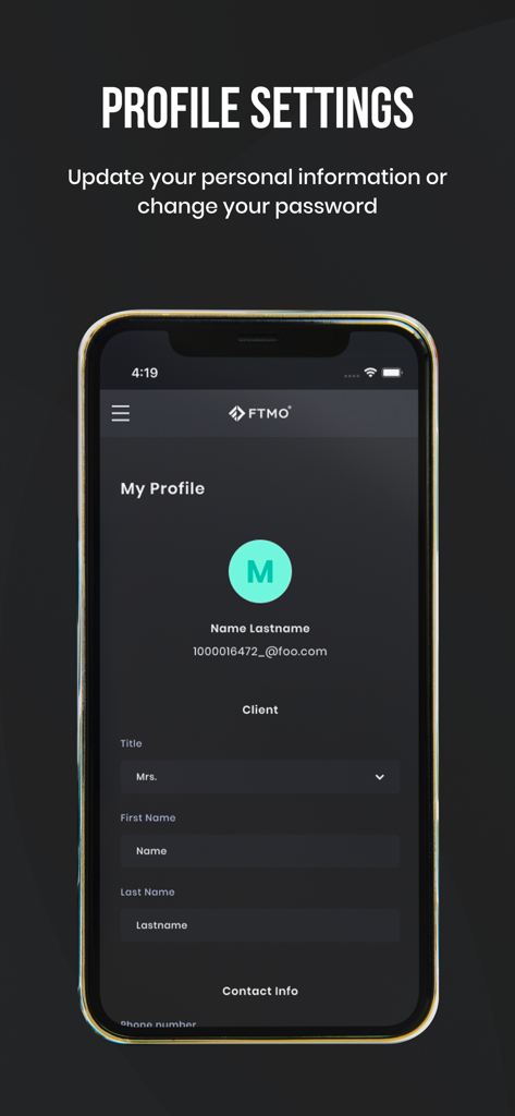 FTMO mobile app profile settings screen where users can update personal information and manage their account details.
