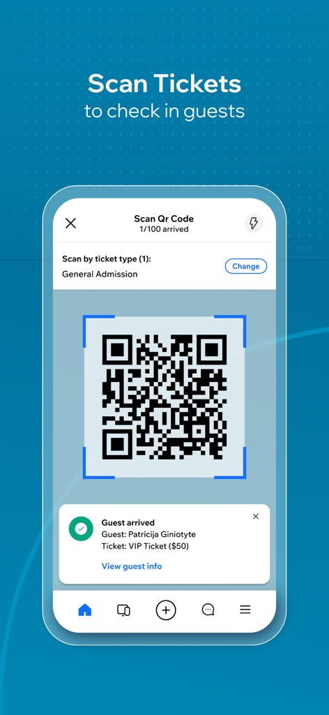 Wix - Website Builder - Interface mobile de l'application Wix montrant le scanner de billets QR code pour l'enregistrement des invités.
