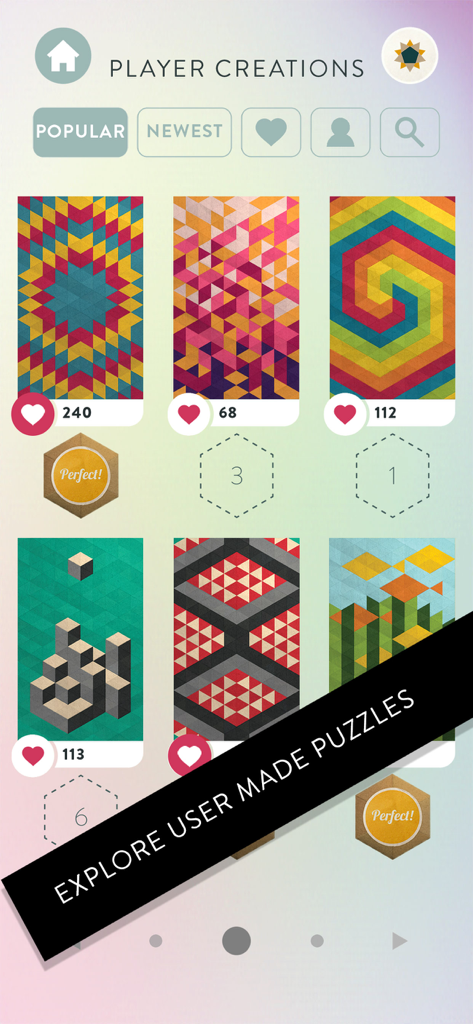 KAMI 2 - L'écran des créations de joueurs de KAMI 2 montrant une galerie de puzzles géométriques colorés conçus par la communauté