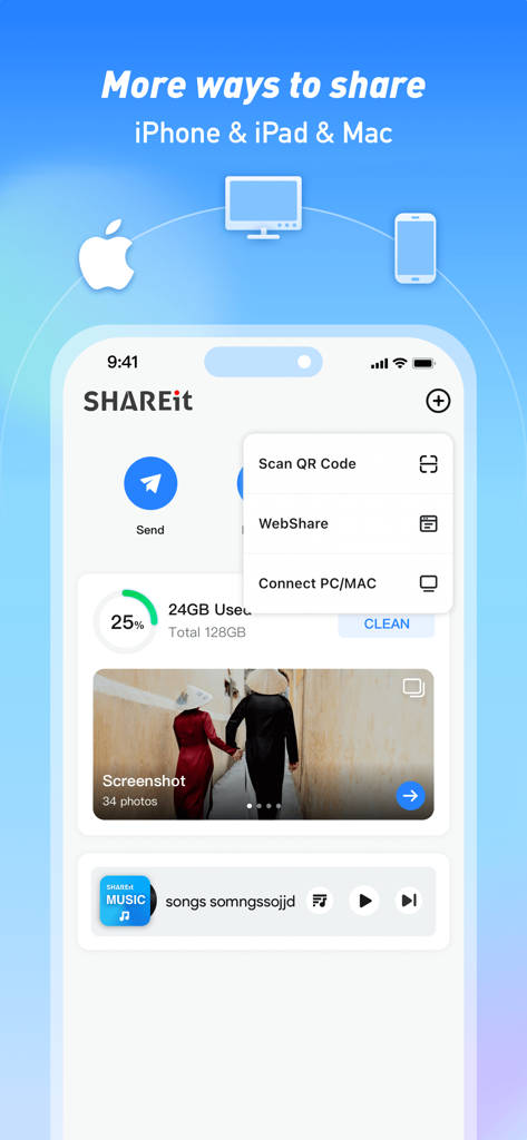 SHAREit app interface showing file transfer options for iPhone iPad and Mac with a built in storage cleaner and music player