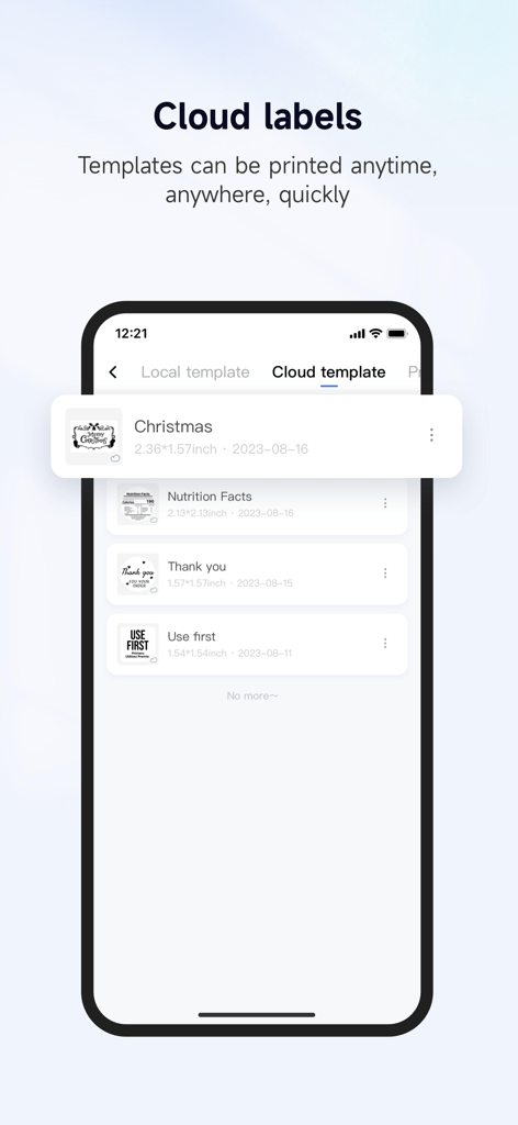 Label Expert - Label Expert app showing a list of cloud templates including Christmas and Thank You labels for printing.