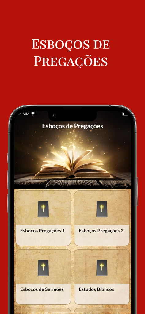 Menu principal do aplicativo Esboços de Pregações apresentando categorias para esboços de sermões e estudos bíblicos