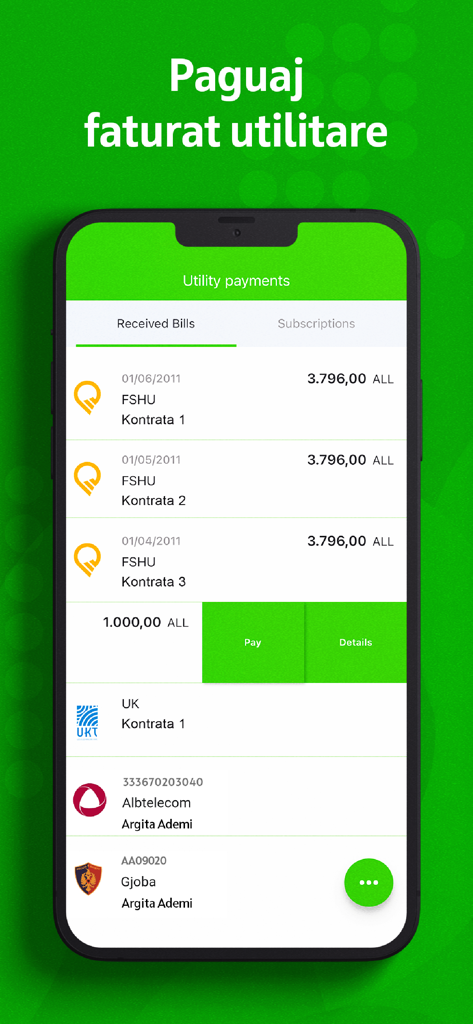 OTP Bank Albania - OTP Bank Albania mobile app screen showing utility bill payments and received bills list